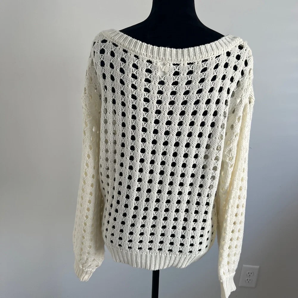 Savvi Off White Crochet Luxury Boutique Light Sweater, On/Off Shoulder Dana